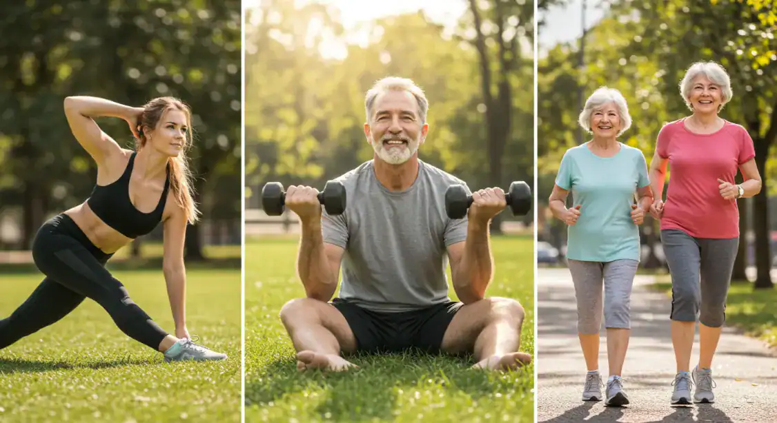 Active people of different ages exercising outdoors for health goals.