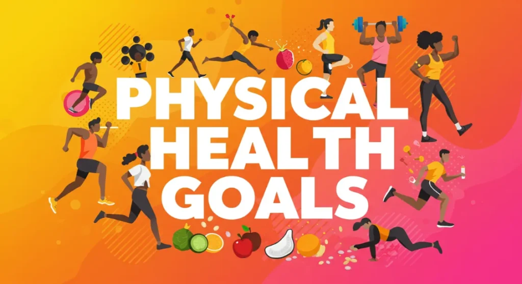 Physical Health Goals: Diverse people exercising, eating healthy. Fitness and nutrition concept.