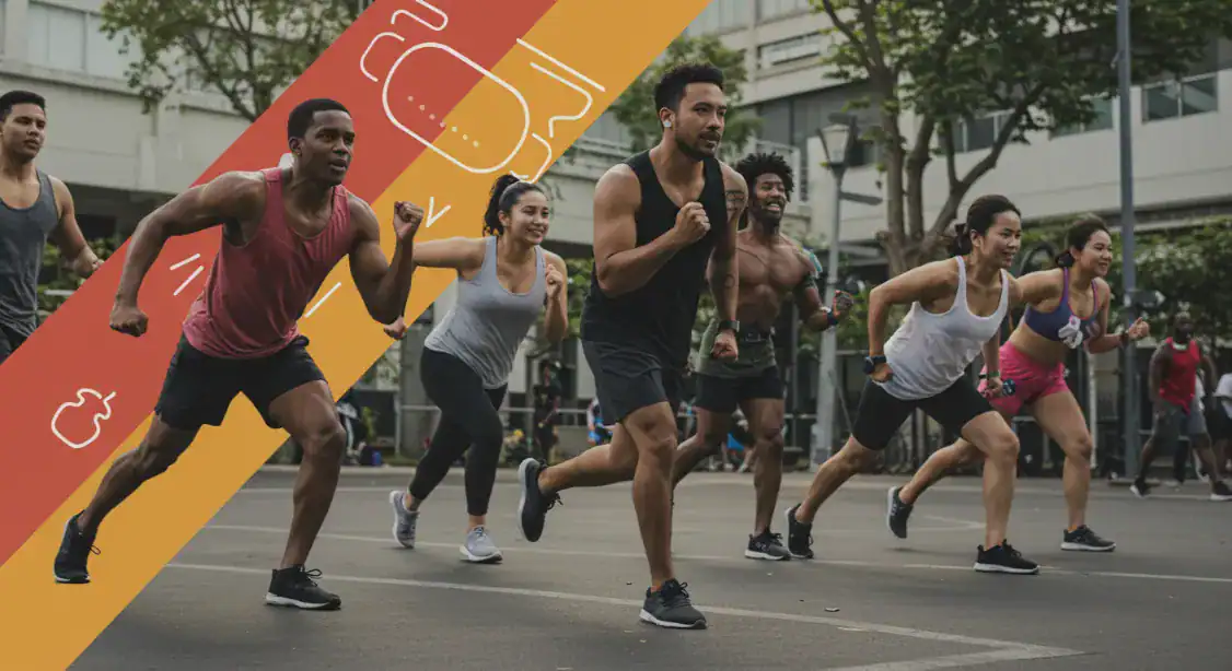 Group exercising outdoors. Diverse people jogging for fitness, achieving health goals.