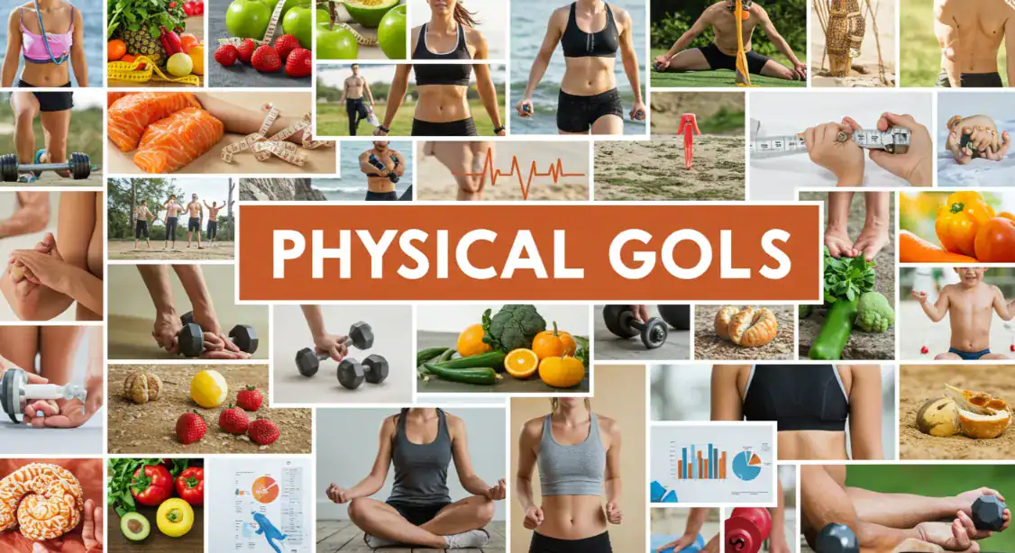 Collage of images representing physical fitness goals, healthy lifestyle.