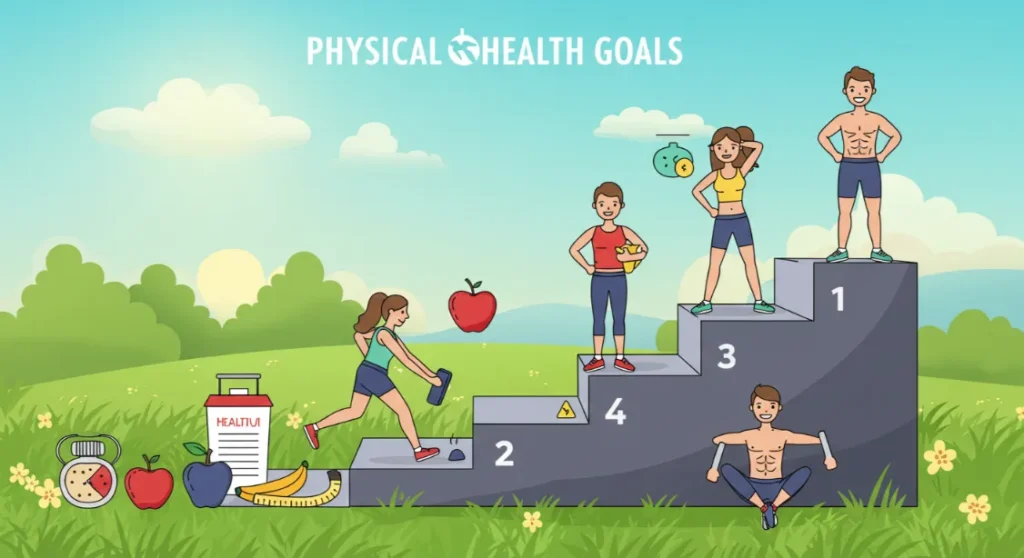 Physical health goals with people climbing steps to success. Fruits and exercise equipment.
