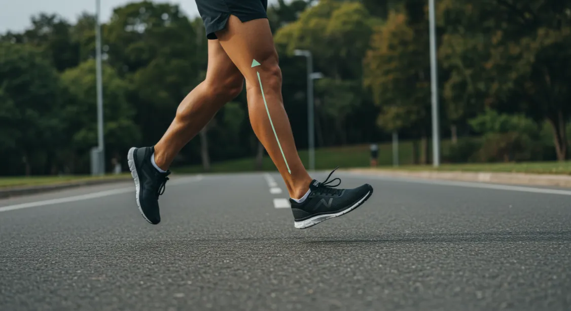 Runner's legs with form guide arrow, improving running technique.