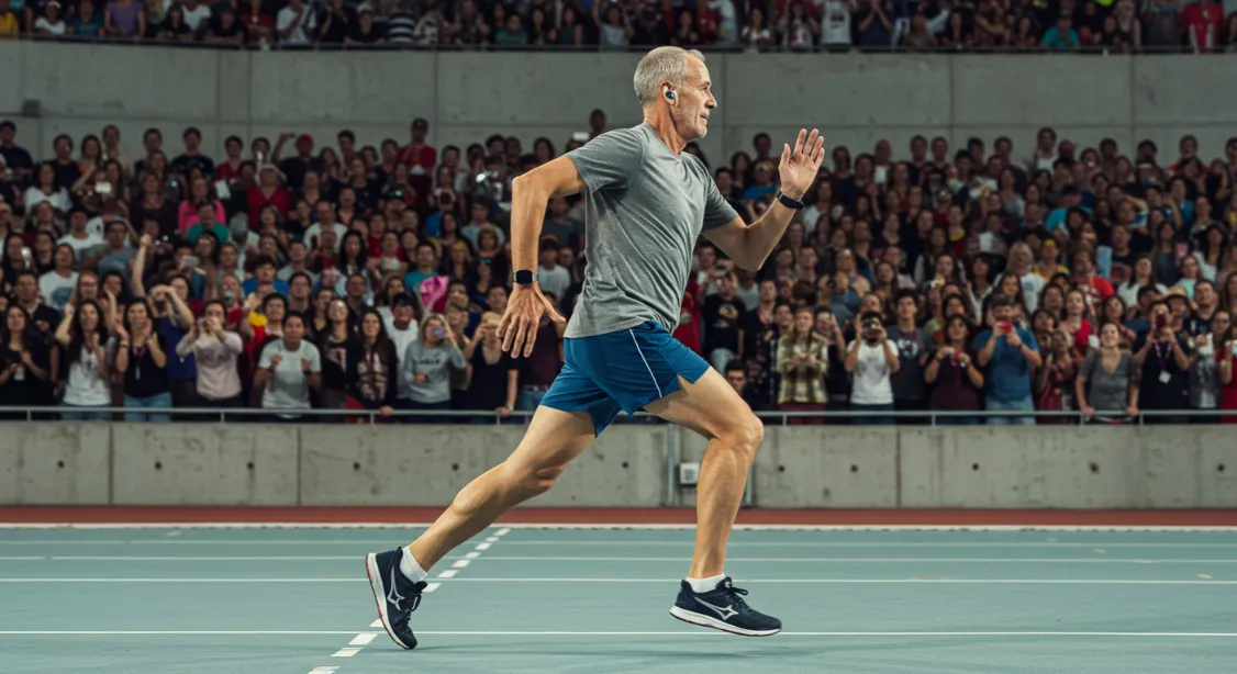 Man running on track, stadium crowd. Improve running technique.