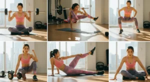 Woman working out: lifting weights, doing yoga poses at the gym. Jumpstart your fitness.