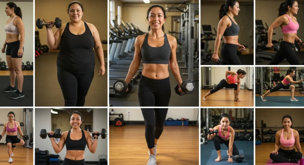 Fitness transformation: Before and after weight loss, strength training gym workout.