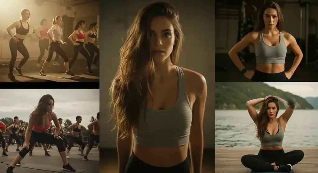 Fitness collage: woman in activewear, gym workouts, yoga by lake. Jumpstart your health journey.