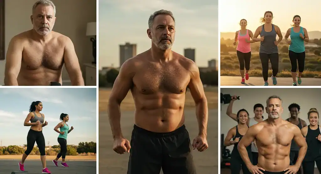 Fitness journey collage: men & women exercising, running, weight training.