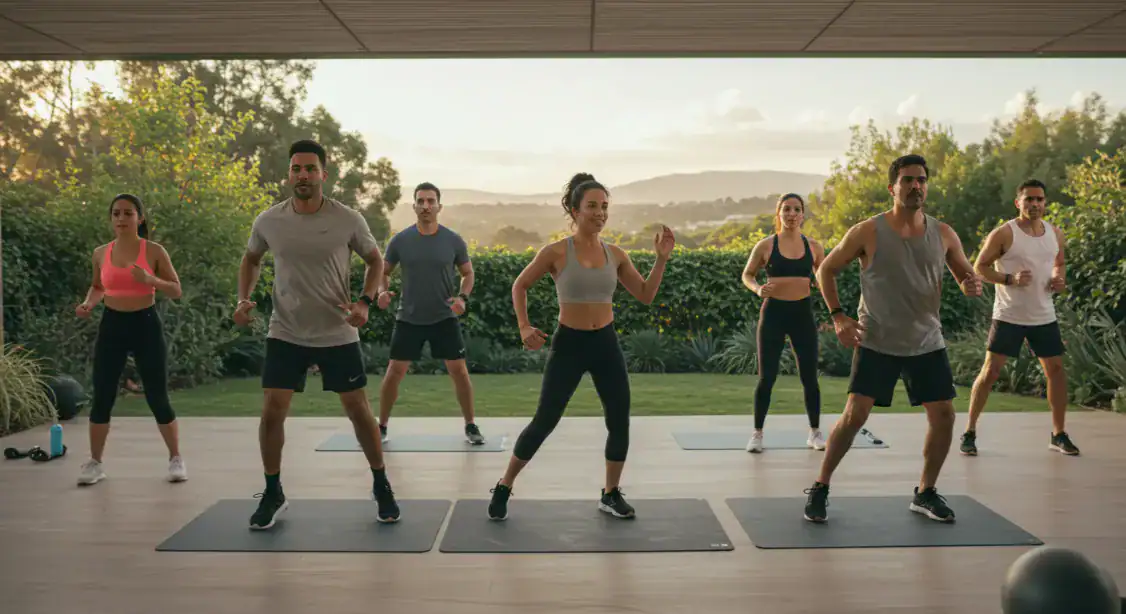 Low Intensity Interval Training: Group doing outdoor LISS workout on mats.