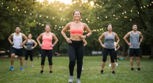 LIIIT Workout: Group of people doing low intensity interval training outdoors.