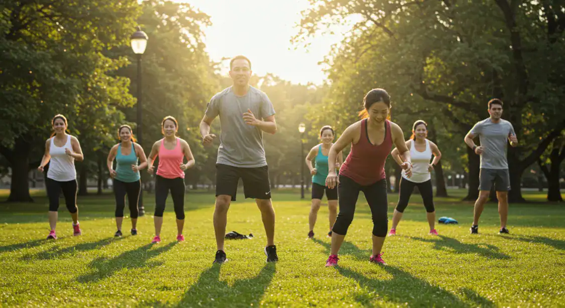 Group doing low intensity interval training (LIIT) outdoors.