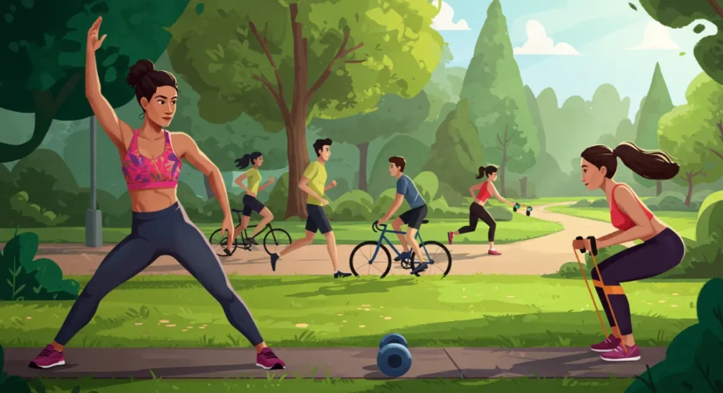 Low intensity interval training (LIIT) in park. People walking, running, biking and stretching.
