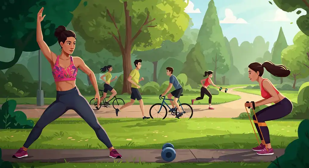 Low intensity interval training (LIIT) in park. People walking, running, biking and stretching.
