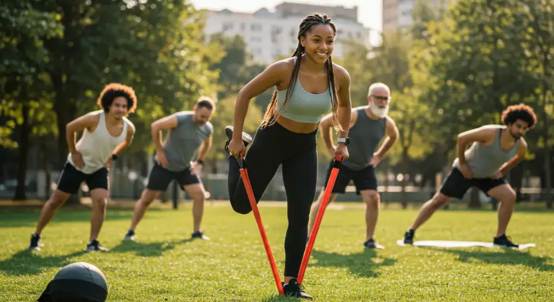 Group fitness class working on mobility with resistance bands outdoors.