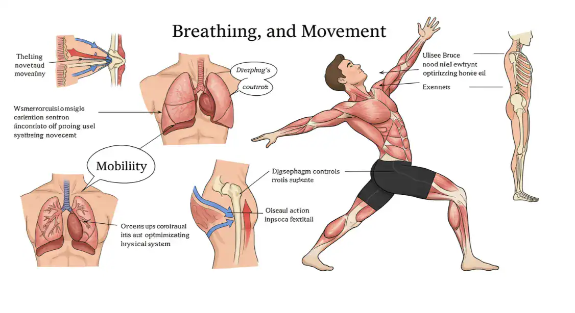 Mobility training guide: Anatomical diagrams of breathing, lungs, and muscles during movement.