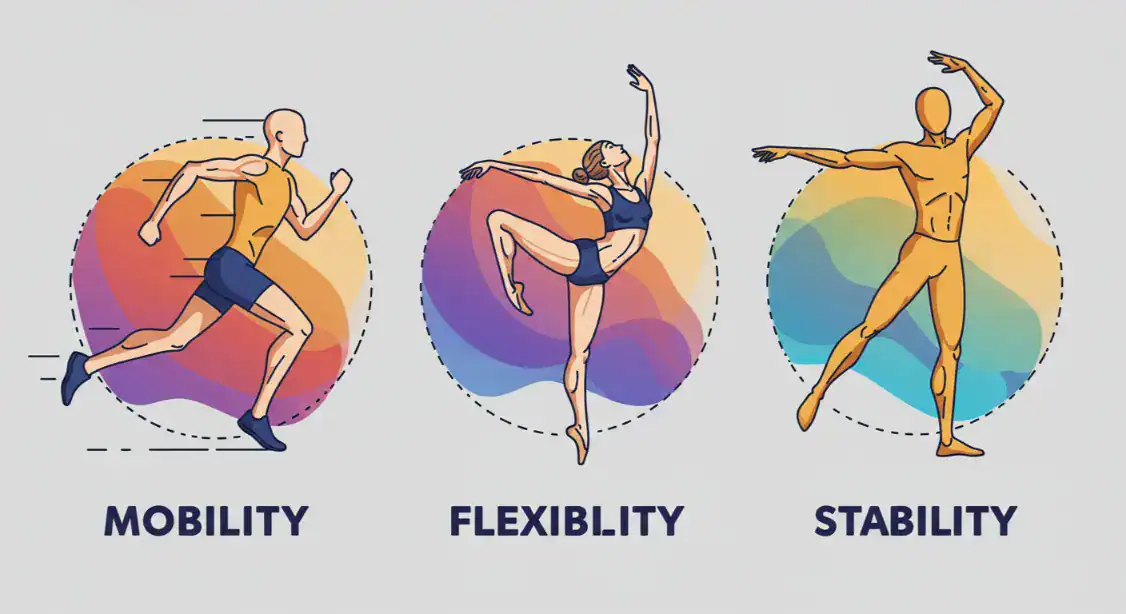 Mobility training: Runner, dancer, and balance illustrations for flexibility, stability, and mobility.