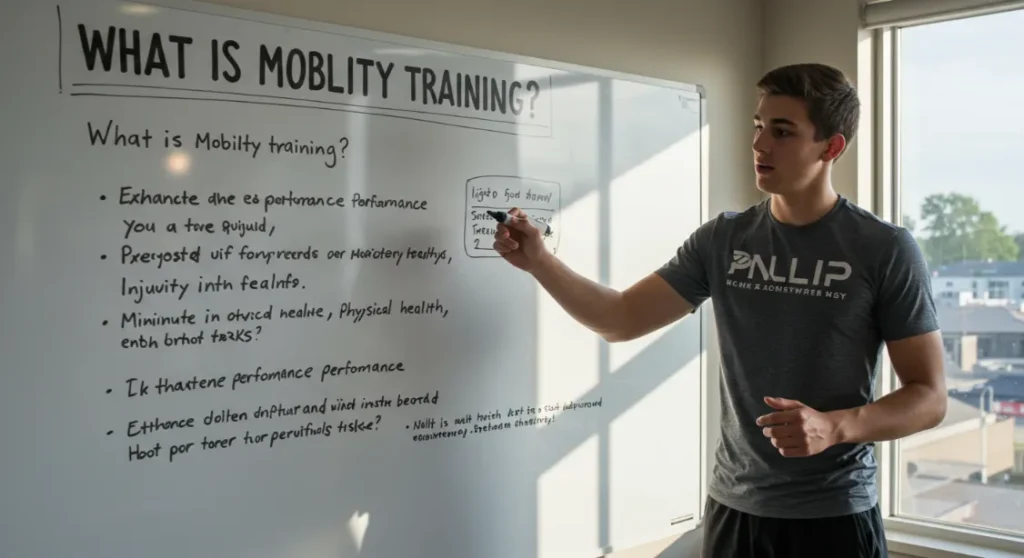 Mobility training guide: Man at whiteboard explaining benefits and exercises for improved movement and health.