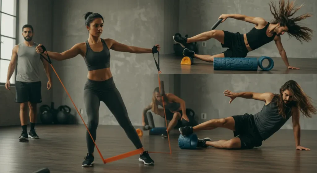 Mobility training: people using resistance bands and foam rollers to improve flexibility.