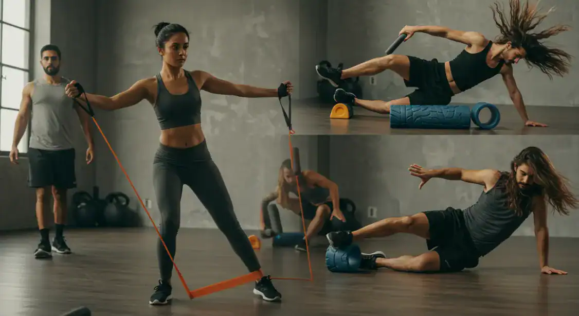 Mobility training: people using resistance bands and foam rollers to improve flexibility.
