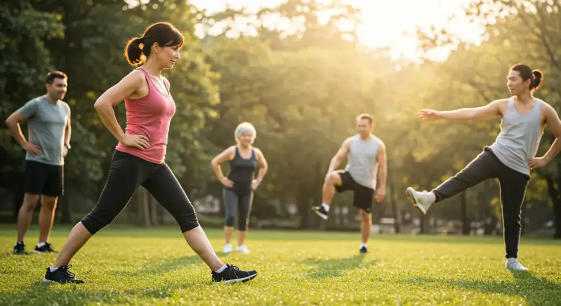 Group mobility training in a sunny park. People stretching and exercising outdoors.