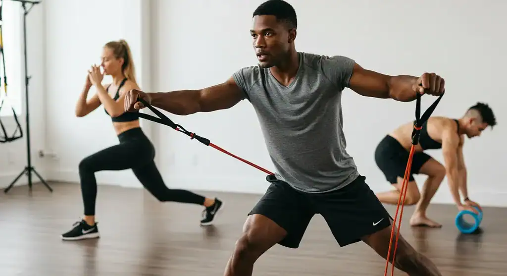 Mobility training class with resistance bands and foam roller. People stretching.
