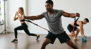 Mobility training class with resistance bands and foam roller. People stretching.