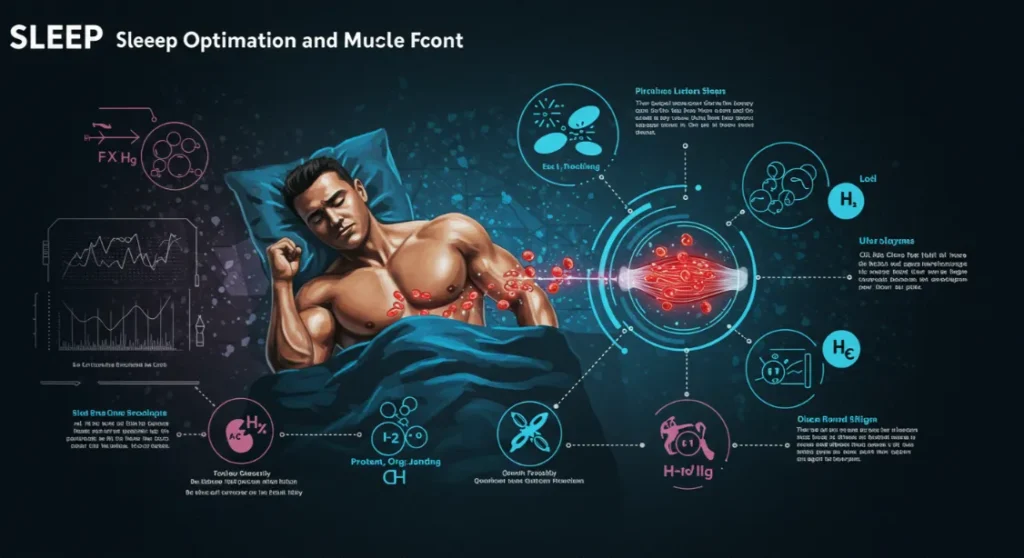Sleep optimization for muscle growth infographic. Shows sleeping man and biological process details.