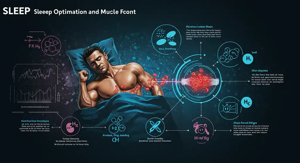 Sleep optimization for muscle growth infographic. Shows sleeping man and biological process details.