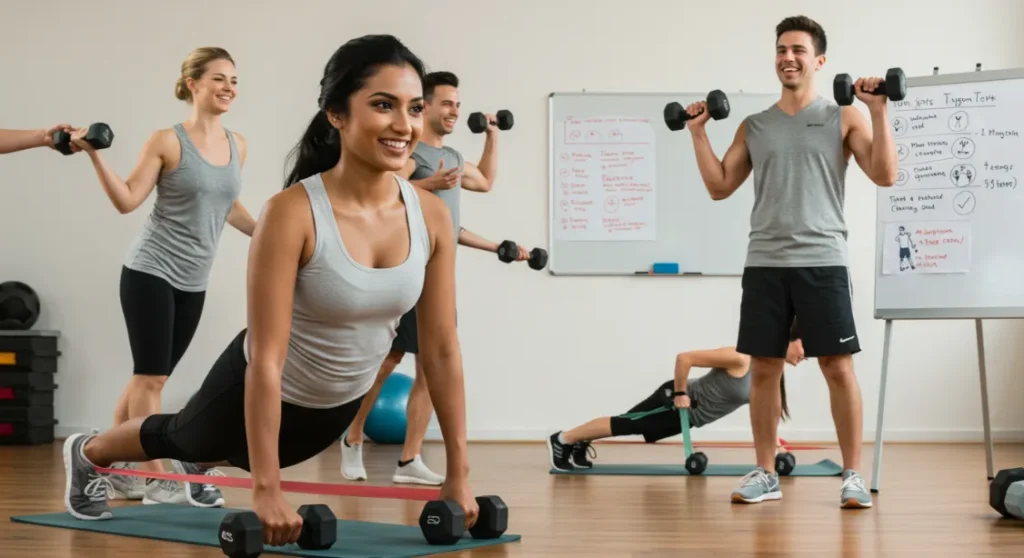 Beginner strength training class with dumbbells and resistance bands.