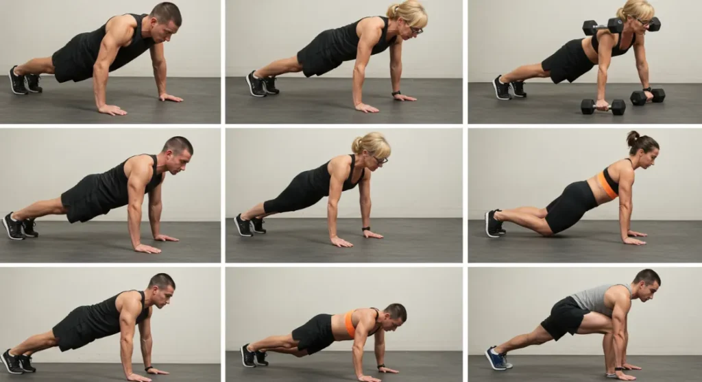 Push-up variations for strength training beginners. Bodyweight exercise guide.