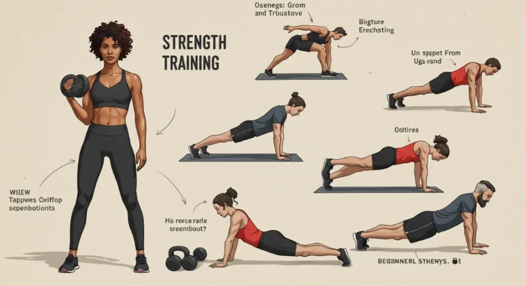 Beginner strength training guide showing different exercises. Fitness plan for women and men.
