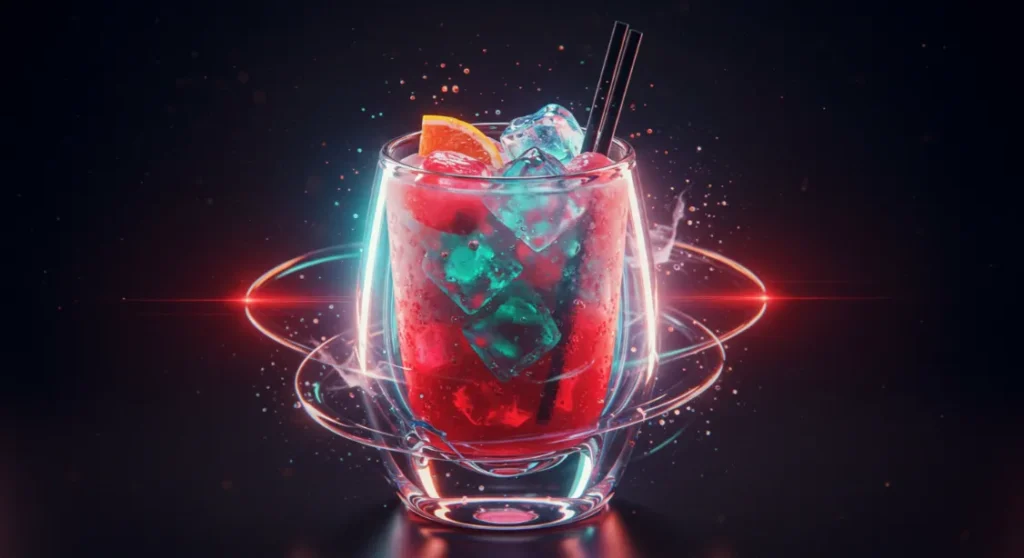 Adrenal cocktail: Refreshing red drink with ice, orange slice, and glowing effects.
