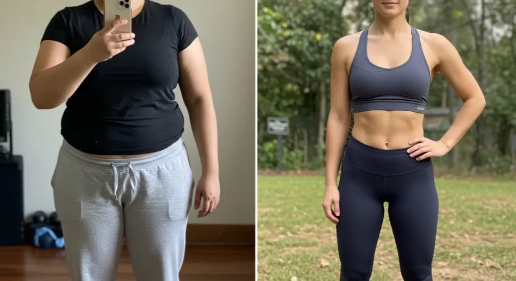 Weight loss before and after. Woman's body transformation through diet and exercise.