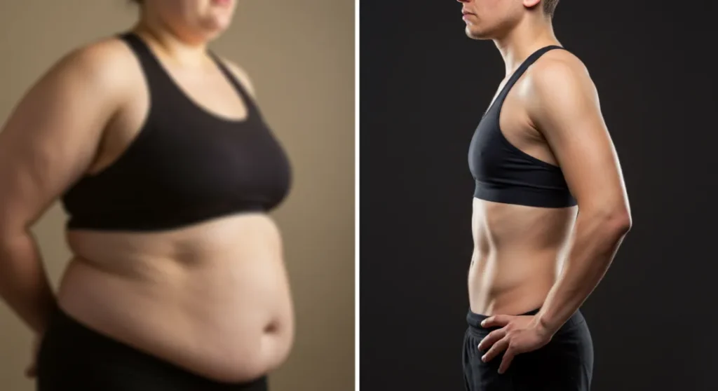 Weight loss before and after. Woman's body transformation. Fitness results.
