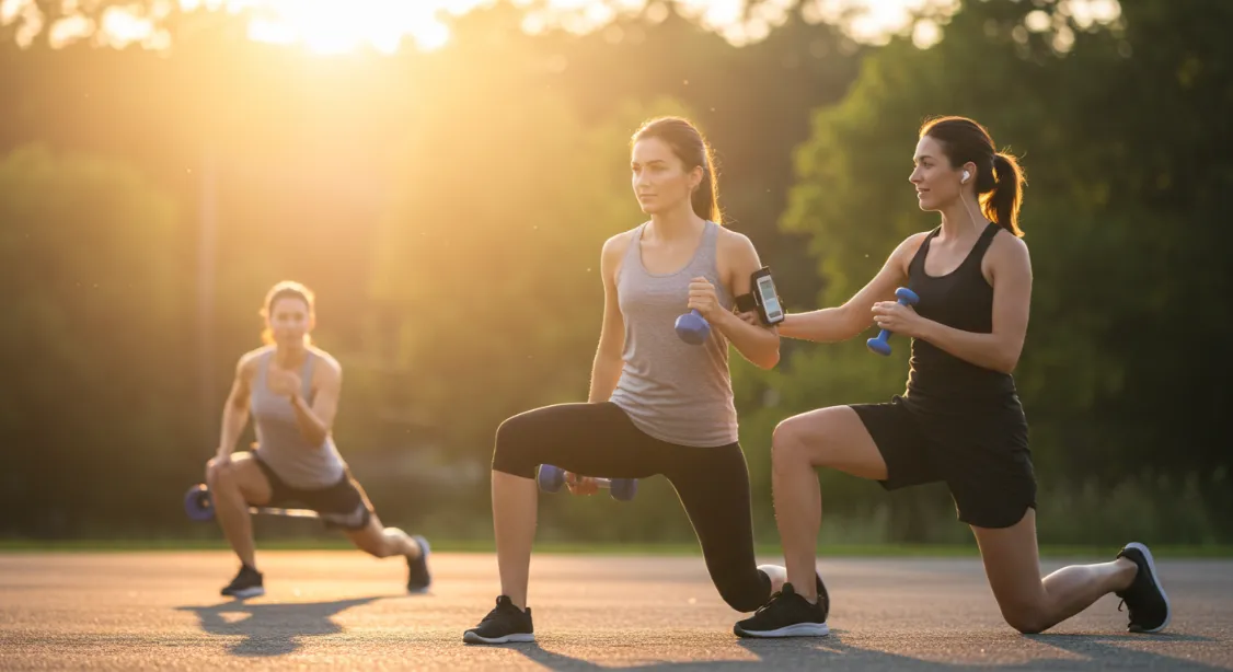 Women doing lunges with dumbbells outside. Fitness and weight loss.