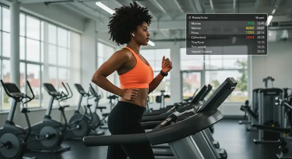 Woman running on treadmill at gym, fitness tracker, lose weight.