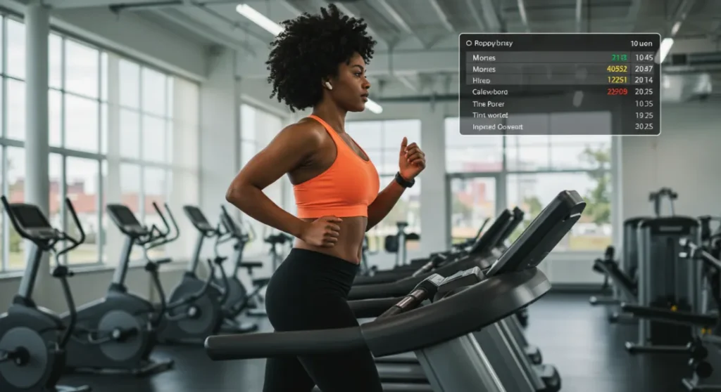 Woman running on treadmill at gym, fitness tracker, lose weight.
