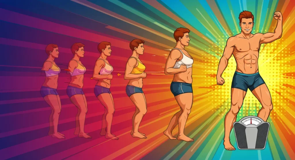 Weight loss progress: Illustration of a woman's body transforming to fit male body with abs.