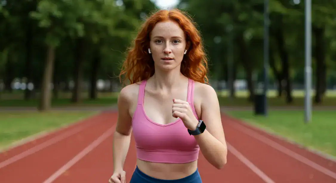 Woman running on track. Mental training for athletes.