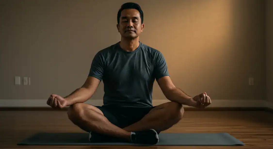 Man meditating in lotus pose for running mental training.