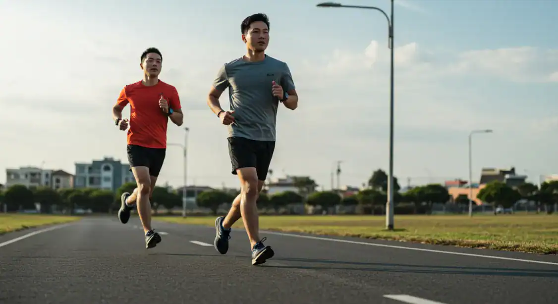 Two men running on road, mental training.