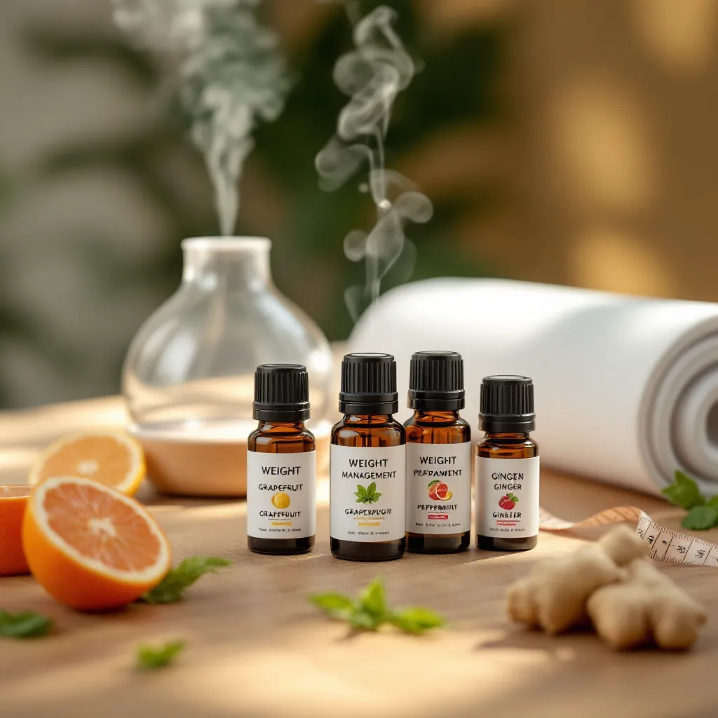 Essential oils for weight loss. Diffuser, oils (ginger, grapefruit, peppermint) and a measuring tape.