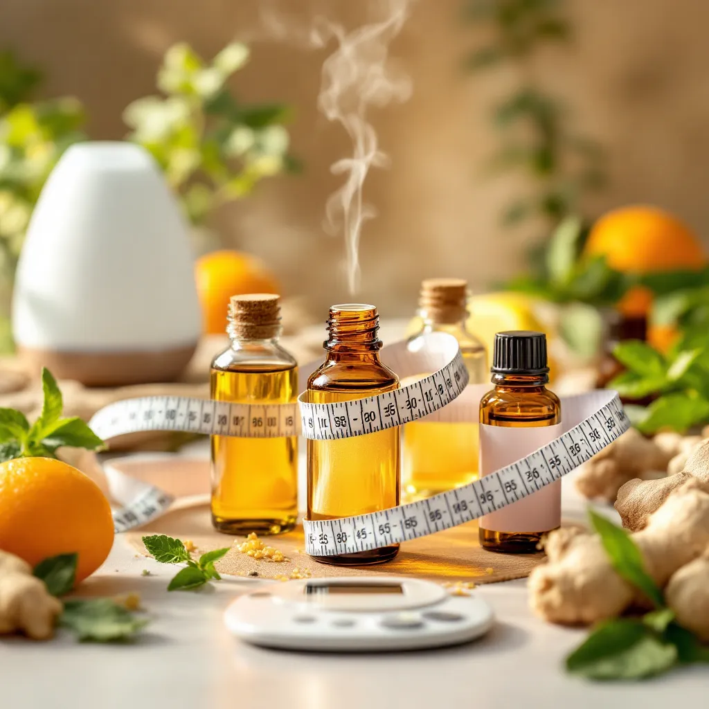 Essential oils for weight loss. Bottles with measuring tape, diffuser, ginger, orange, and mint.