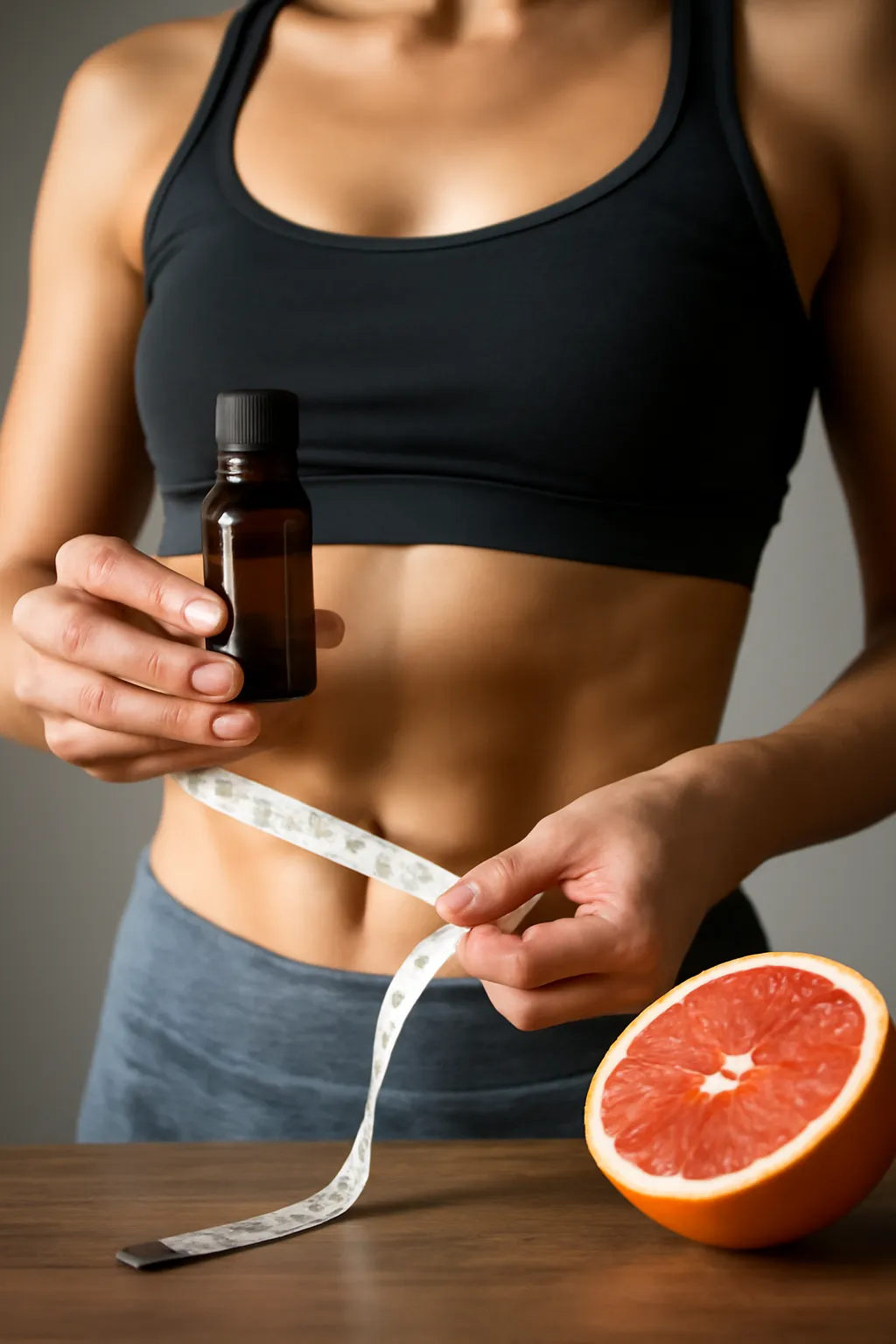 Woman with essential oil bottle, measuring tape and grapefruit. Weight loss concept.