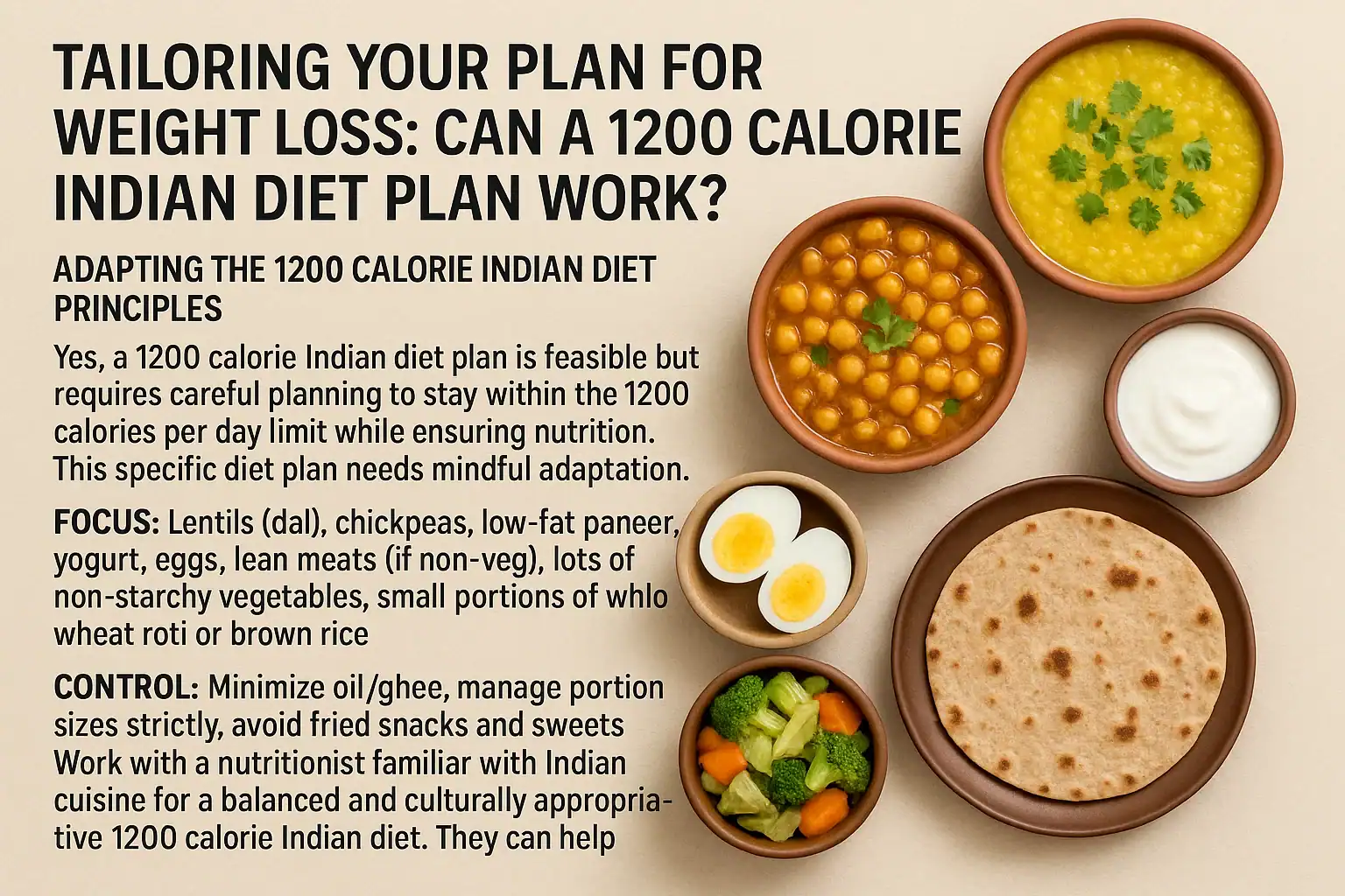 1200 Calorie Indian Diet Plan for Weight Loss featuring dal, chickpeas, roti, vegetables, yogurt.
