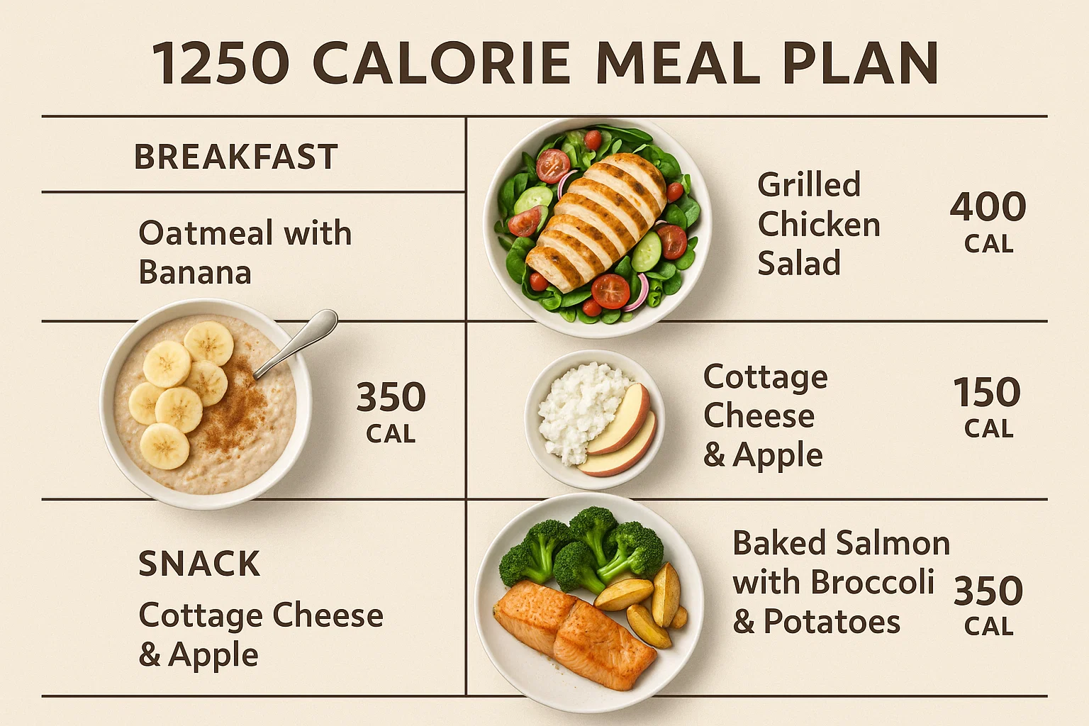 1250 Calorie Meal Plan: Oatmeal, chicken salad, cottage cheese & apple, and salmon with veggies.