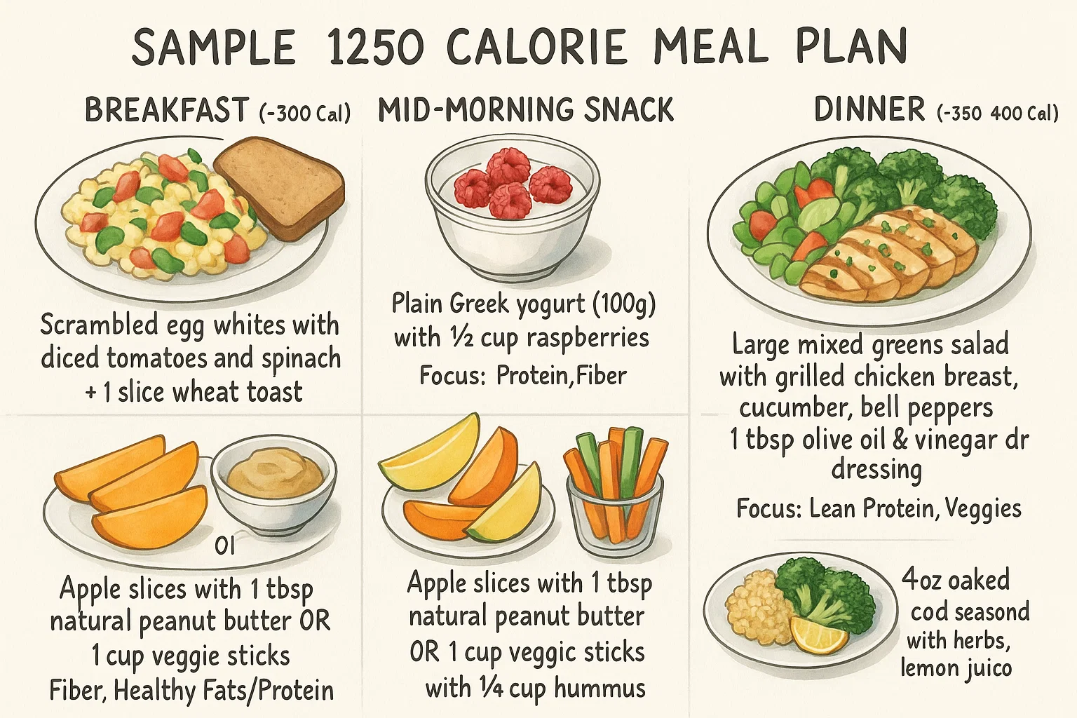 1250 Calorie Meal Plan: Healthy breakfast, snacks, and dinner ideas for weight loss.