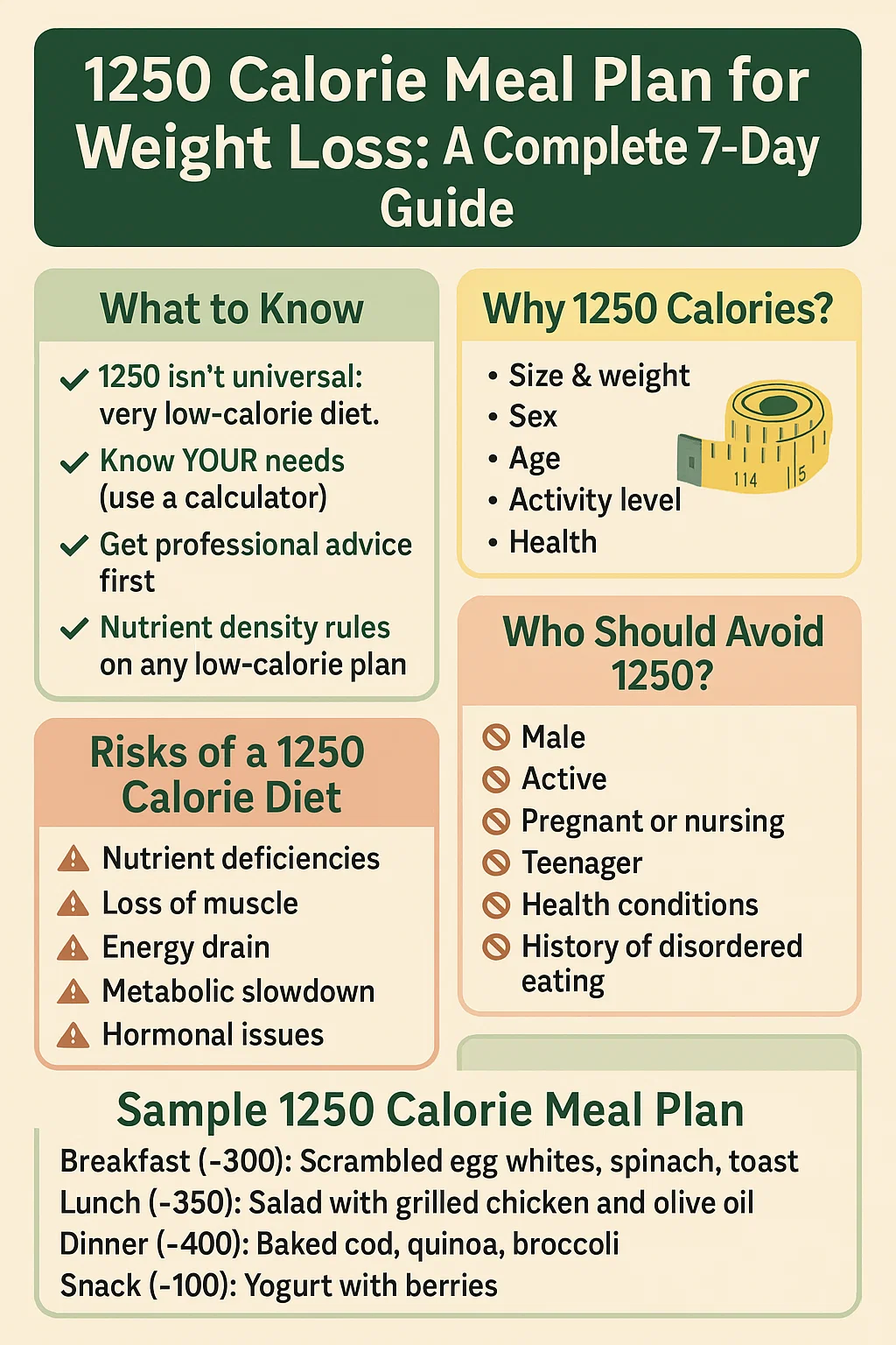 1250 Calorie Meal Plan for Weight Loss. Diet considerations, risks, sample meals. Complete 7-Day Guide.