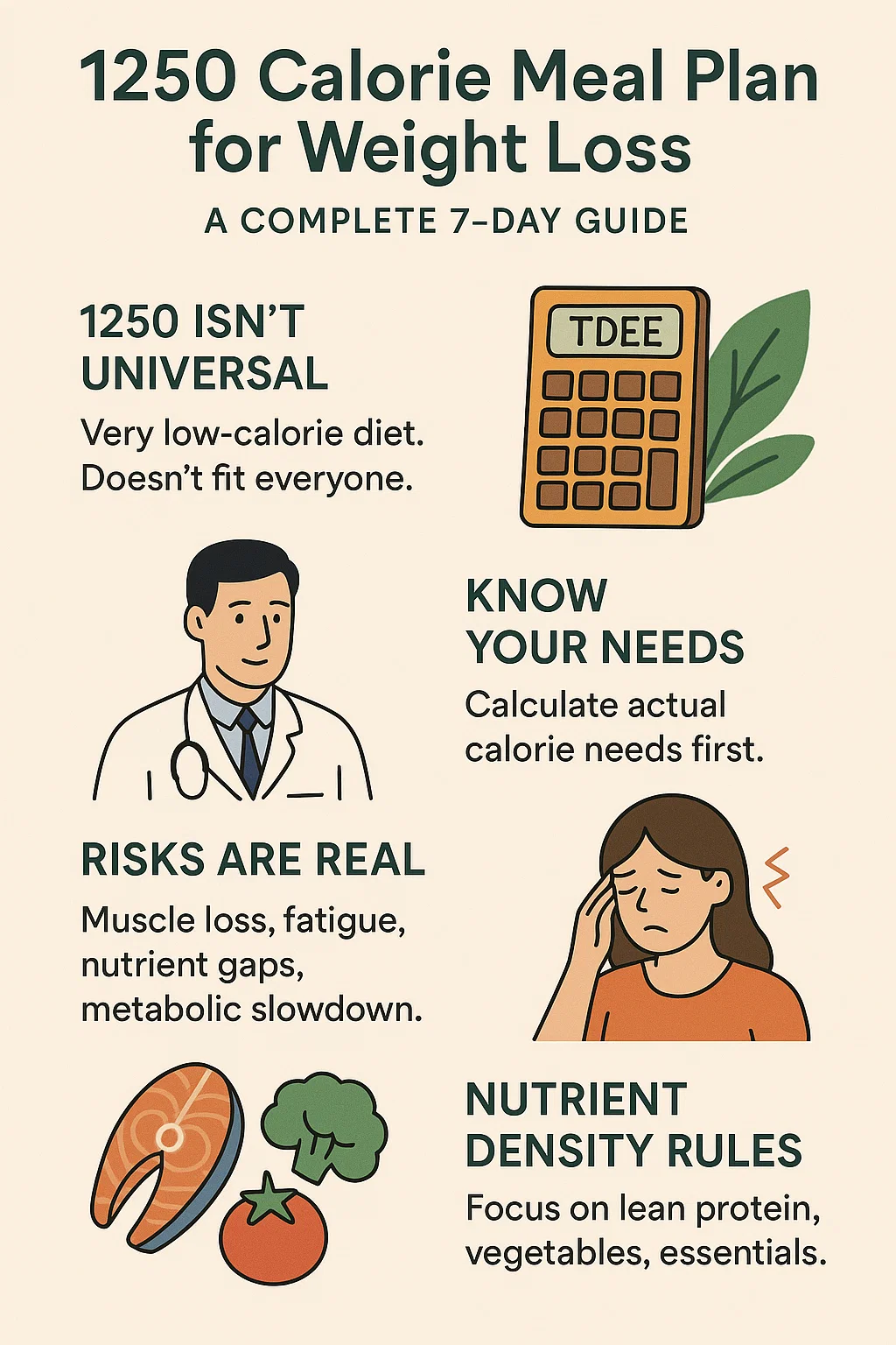 1250 Calorie Meal Plan for Weight Loss Guide. Risks, nutrition, and calculating calorie needs illustrated.