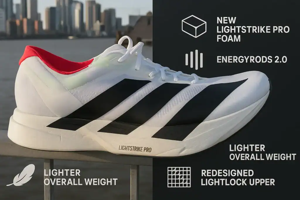 Adidas Adizero Adios Pro 4 running shoe. White with black stripes, red detail. Lightweight racing flat.
