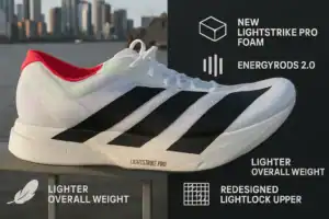 Adidas Adizero Adios Pro 4 running shoe. White with black stripes, red detail. Lightweight racing flat.
